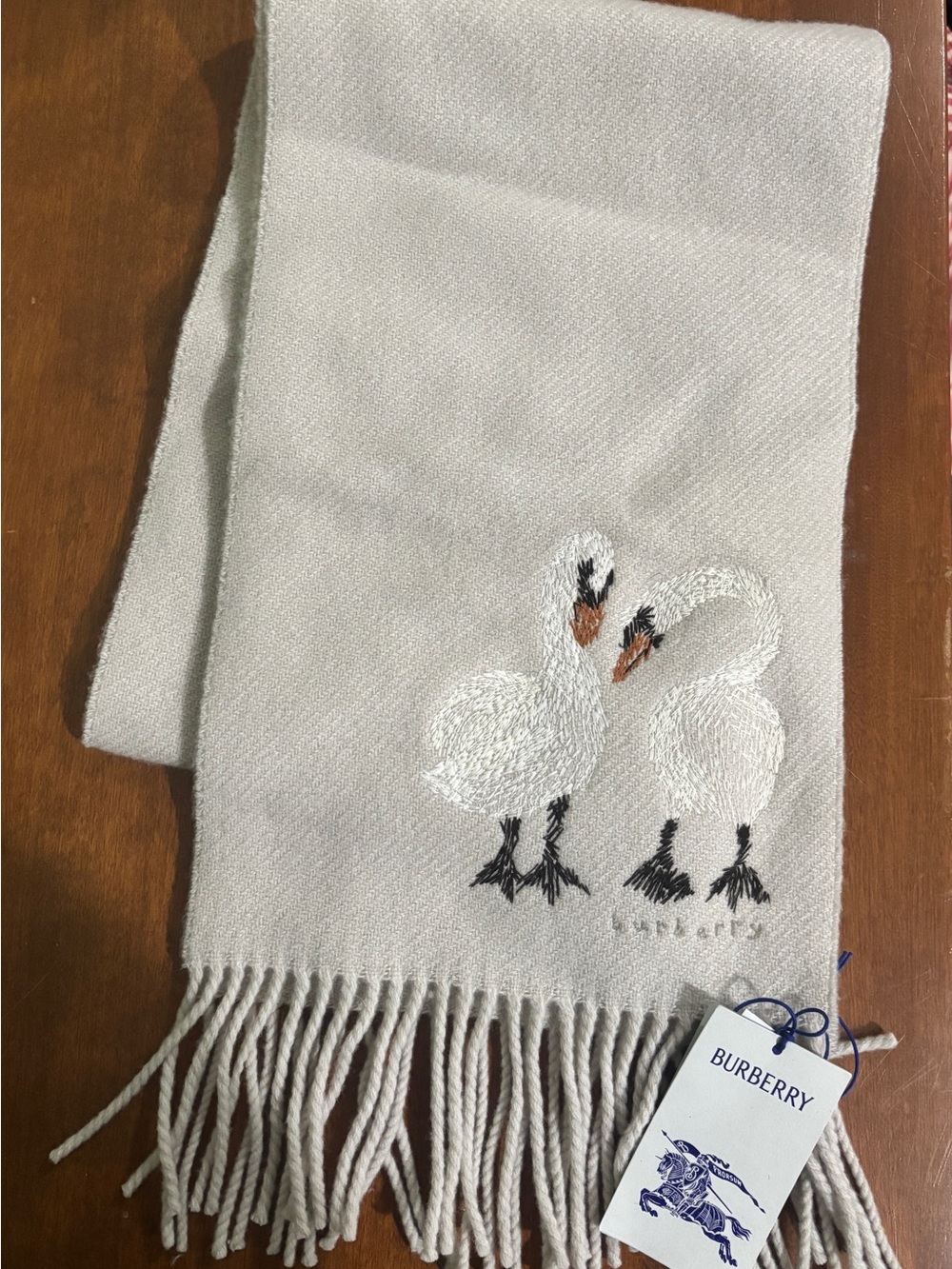 Rare Burberry Cream Wool and Cashmere Embroidered Swan Fringe Scarf